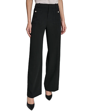 KARL LAGERFELD PARIS Textured Crepe Patch Pocket Full Length Straight Leg Pants