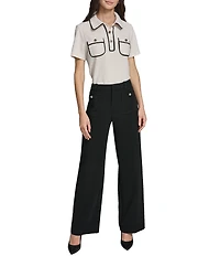 KARL LAGERFELD PARIS Textured Crepe Patch Pocket Full Length Straight Leg Pants