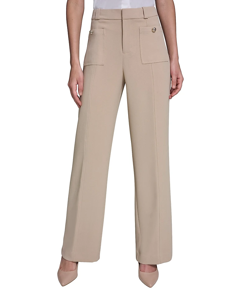 KARL LAGERFELD PARIS Textured Crepe Patch Pocket Full Length Straight Leg Pants