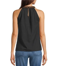 KARL LAGERFELD PARIS Textured Shirting High Neck Sleeveless Halter Tank Top