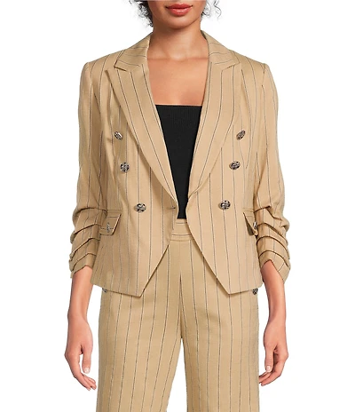 KARL LAGERFELD PARIS Textured Stripe Notch Collar 3/4 Ruched Sleeve Coordinating Jacket