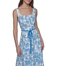 KARL LAGERFELD PARIS Toile Print Square Neck Sleeveless Waist Tie Belt A-Line Midi Dress