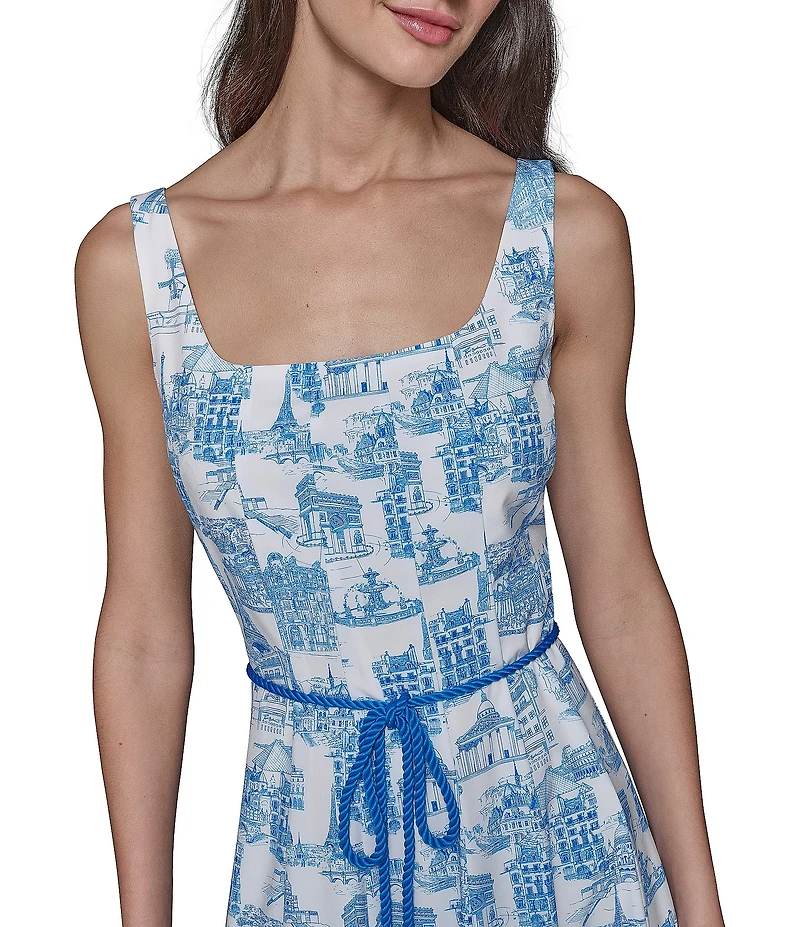 KARL LAGERFELD PARIS Toile Print Square Neck Sleeveless Waist Tie Belt A-Line Midi Dress