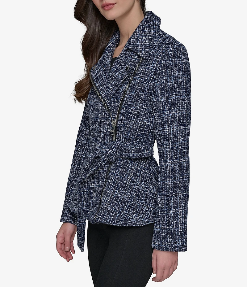 KARL LAGERFELD PARIS Tweed Collar Neck Asymmetrical Belted Jacket