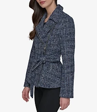 KARL LAGERFELD PARIS Tweed Collar Neck Asymmetrical Belted Jacket