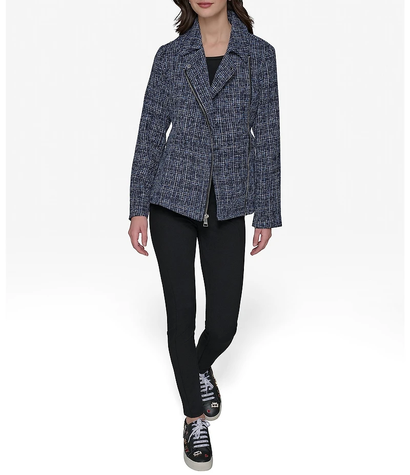 KARL LAGERFELD PARIS Tweed Collar Neck Asymmetrical Belted Jacket