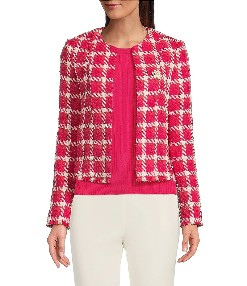 KARL LAGERFELD PARIS Tweed Floral Embellished Round Neck Long Sleeve Open Jacket