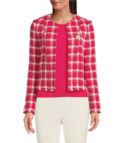 KARL LAGERFELD PARIS Tweed Floral Embellished Round Neck Long Sleeve Open Jacket