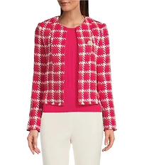 KARL LAGERFELD PARIS Tweed Floral Embellished Round Neck Long Sleeve Open Jacket