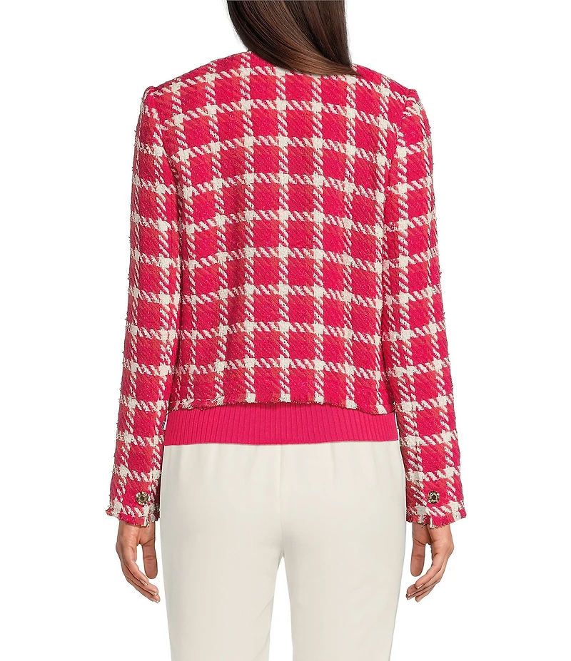 KARL LAGERFELD PARIS Tweed Floral Embellished Round Neck Long Sleeve Open Jacket