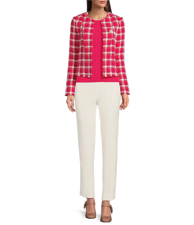 KARL LAGERFELD PARIS Tweed Floral Embellished Round Neck Long Sleeve Open Jacket