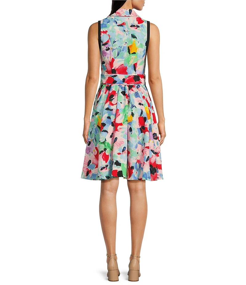 KARL LAGERFELD PARIS Tweed Floral Print Point Collar Neck Sleeveless Tie Waist Shirt Dress