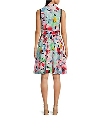 KARL LAGERFELD PARIS Tweed Floral Print Point Collar Neck Sleeveless Tie Waist Shirt Dress