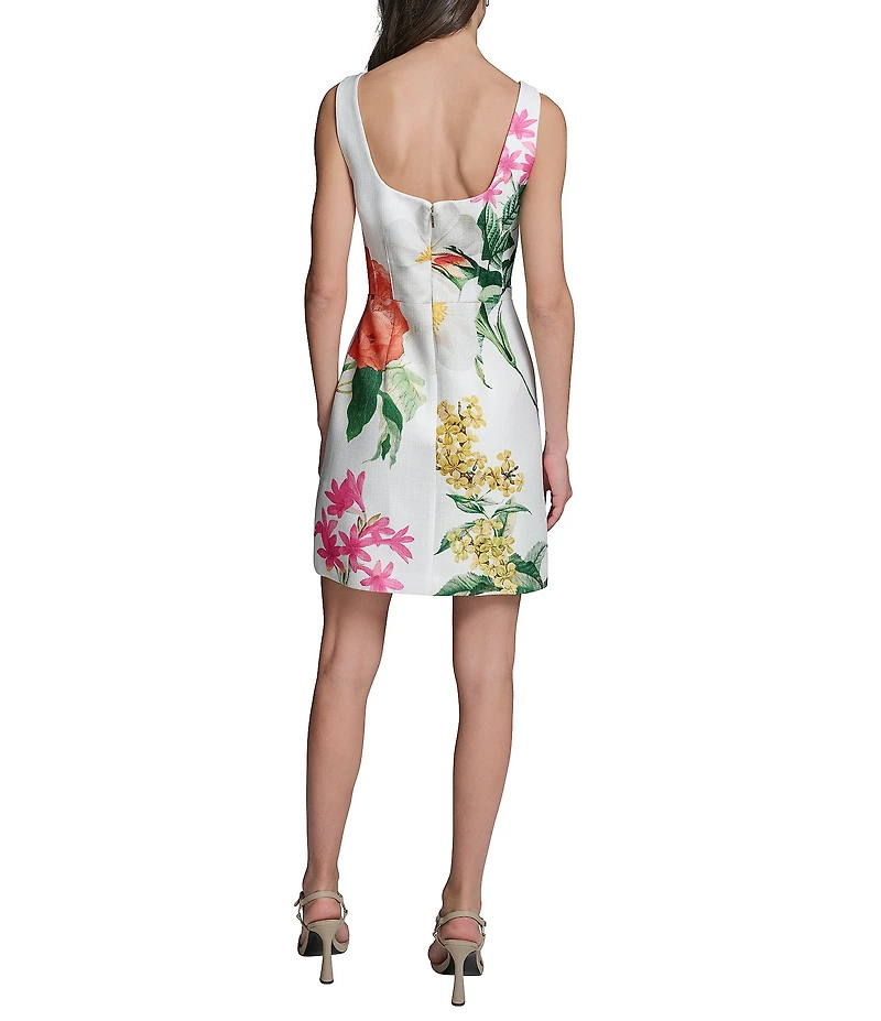 KARL LAGERFELD PARIS Tweed Floral Print Square Neck Sleeveless Sheath Mini Dress