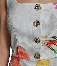 KARL LAGERFELD PARIS Tweed Floral Print Square Neck Sleeveless Sheath Mini Dress