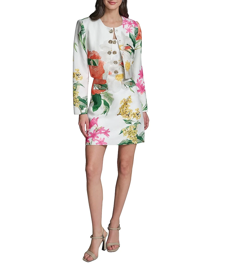 KARL LAGERFELD PARIS Tweed Floral Print Square Neck Sleeveless Sheath Mini Dress