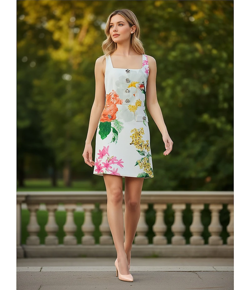 KARL LAGERFELD PARIS Tweed Floral Print Square Neck Sleeveless Sheath Mini Dress