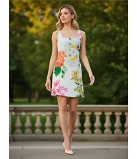 KARL LAGERFELD PARIS Tweed Floral Print Square Neck Sleeveless Sheath Mini Dress
