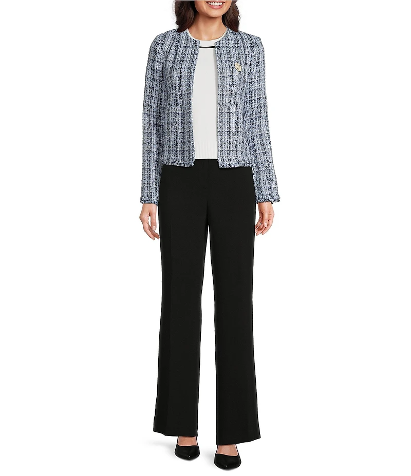 KARL LAGERFELD PARIS Tweed #double;Karl#double; Logo Round Neck Long Sleeve Open-Front Jacket
