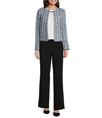 KARL LAGERFELD PARIS Tweed #double;Karl#double; Logo Round Neck Long Sleeve Open-Front Jacket