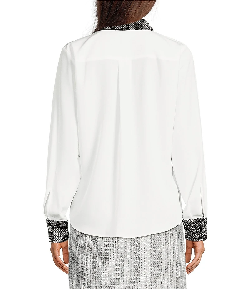 KARL LAGERFELD PARIS Tweed Mixed Media Contrast Point Collar Long Sleeve Button Front Shirt