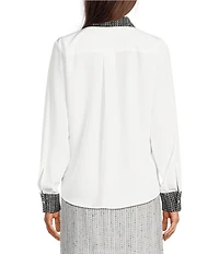 KARL LAGERFELD PARIS Tweed Mixed Media Contrast Point Collar Long Sleeve Button Front Shirt