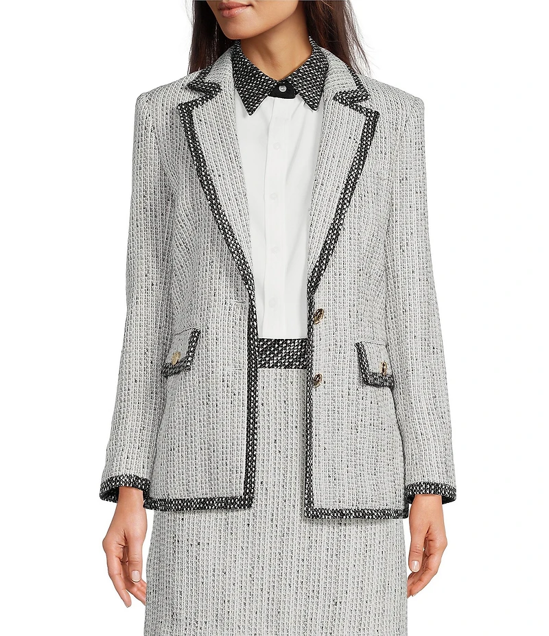 KARL LAGERFELD PARIS Tweed Notch Lapel Long Sleeve Contrast Trim Two Button Jacket
