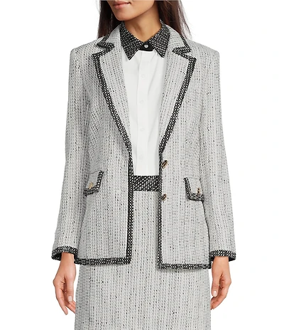 KARL LAGERFELD PARIS Tweed Notch Lapel Long Sleeve Contrast Trim Two Button Jacket