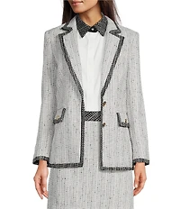 KARL LAGERFELD PARIS Tweed Notch Lapel Long Sleeve Contrast Trim Two Button Jacket