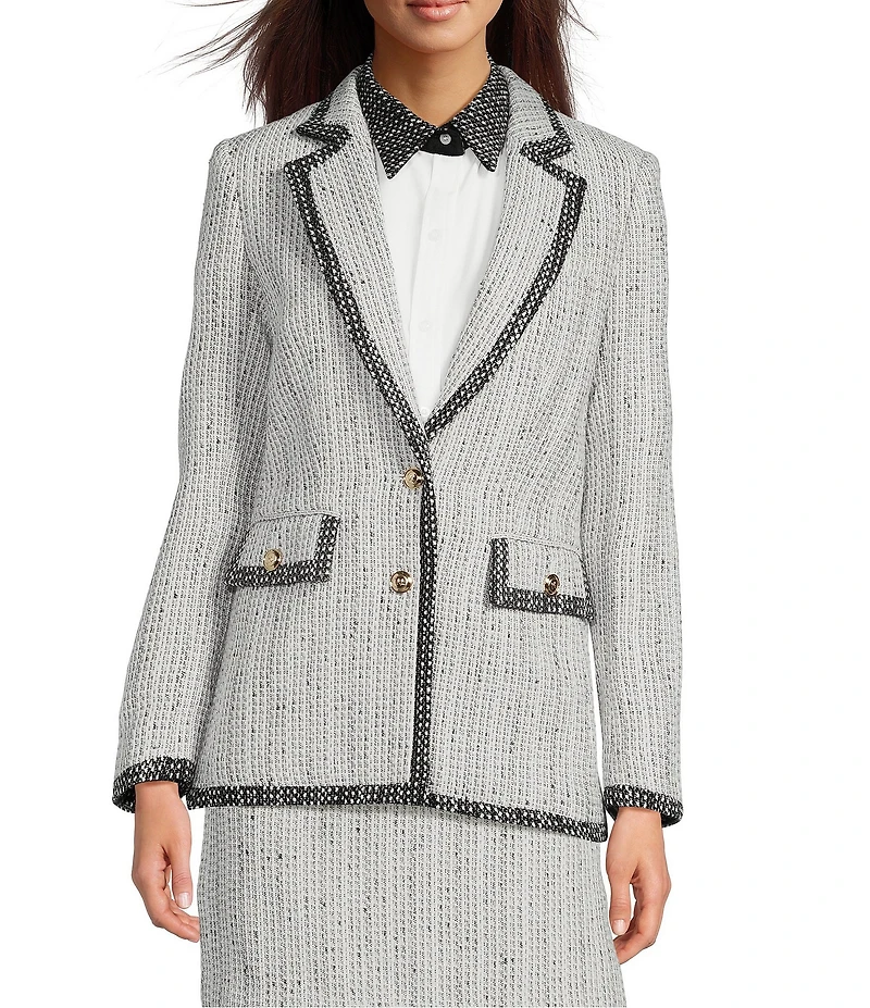 KARL LAGERFELD PARIS Tweed Notch Lapel Long Sleeve Contrast Trim Two Button Jacket