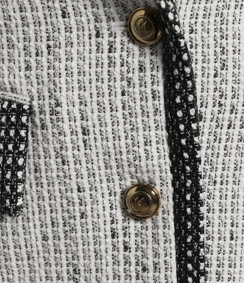 KARL LAGERFELD PARIS Tweed Notch Lapel Long Sleeve Contrast Trim Two Button Jacket