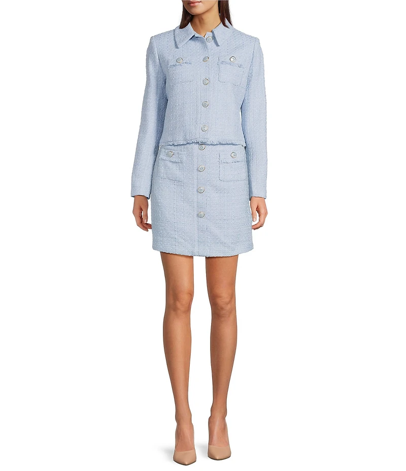 KARL LAGERFELD PARIS Tweed Point Collar Long Sleeve Cropped Jacket