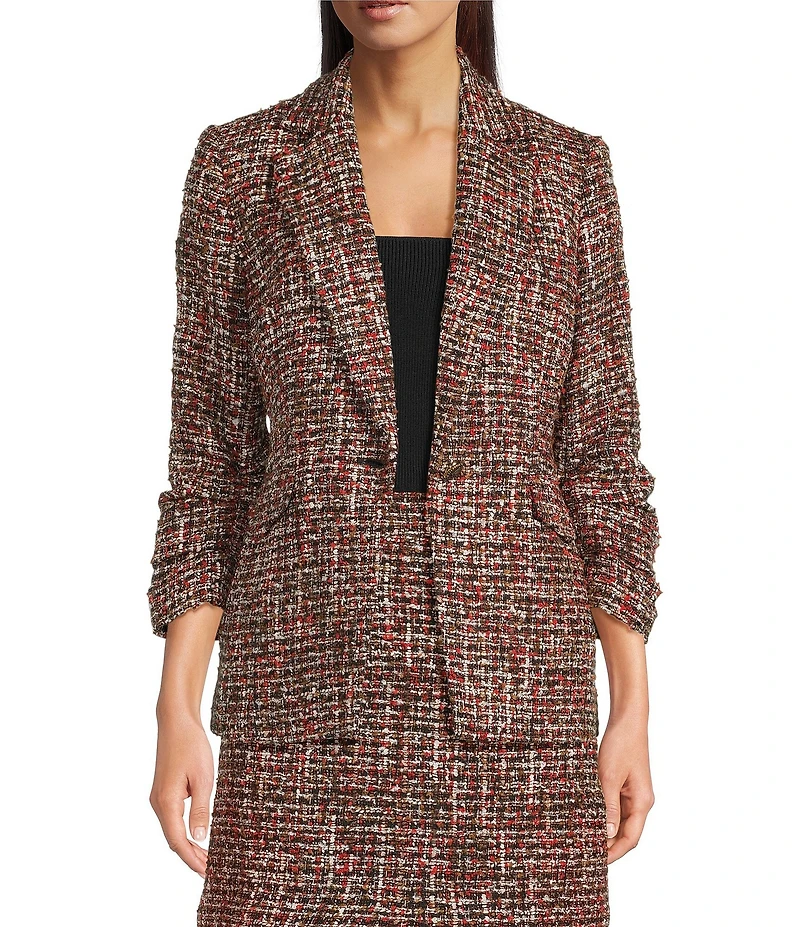 KARL LAGERFELD PARIS Tweed Print Notch Collar 3/4 Scrunch Sleeve Coordinating Jacket
