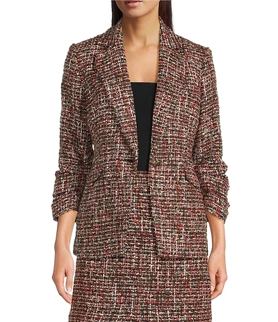 KARL LAGERFELD PARIS Tweed Print Notch Collar 3/4 Scrunch Sleeve Coordinating Jacket