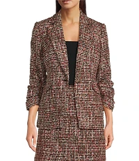 KARL LAGERFELD PARIS Tweed Print Notch Collar 3/4 Scrunch Sleeve Coordinating Jacket