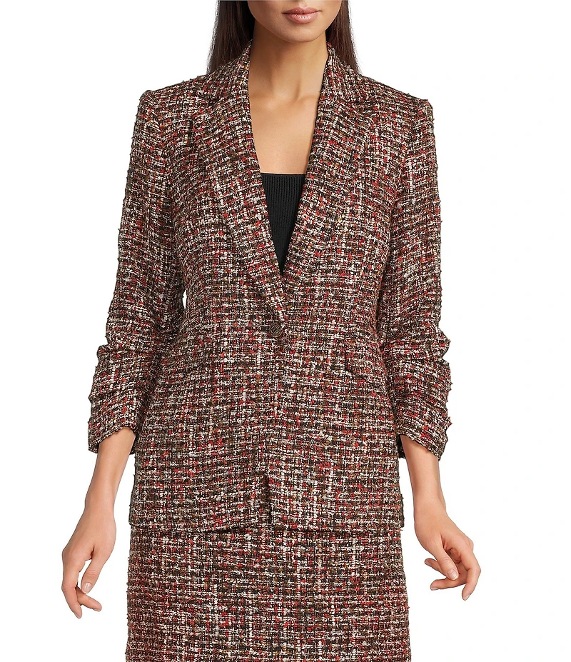 KARL LAGERFELD PARIS Tweed Print Notch Collar 3/4 Scrunch Sleeve Coordinating Jacket