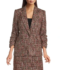 KARL LAGERFELD PARIS Tweed Print Notch Collar 3/4 Scrunch Sleeve Coordinating Jacket