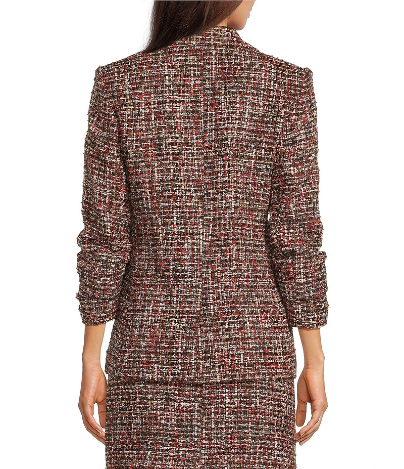 KARL LAGERFELD PARIS Tweed Print Notch Collar 3/4 Scrunch Sleeve Coordinating Jacket