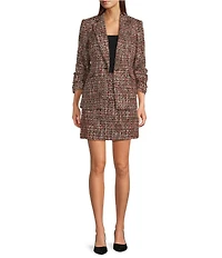 KARL LAGERFELD PARIS Tweed Print Notch Collar 3/4 Scrunch Sleeve Coordinating Jacket
