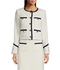 KARL LAGERFELD PARIS Tweed Round Neck Long Sleeve Braided Denim Detail Jacket