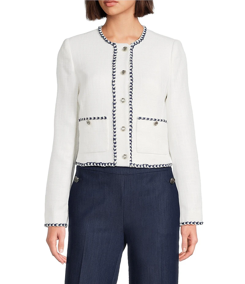 KARL LAGERFELD PARIS Tweed Round Neck Long Sleeve Cropped Coordinating Jacket