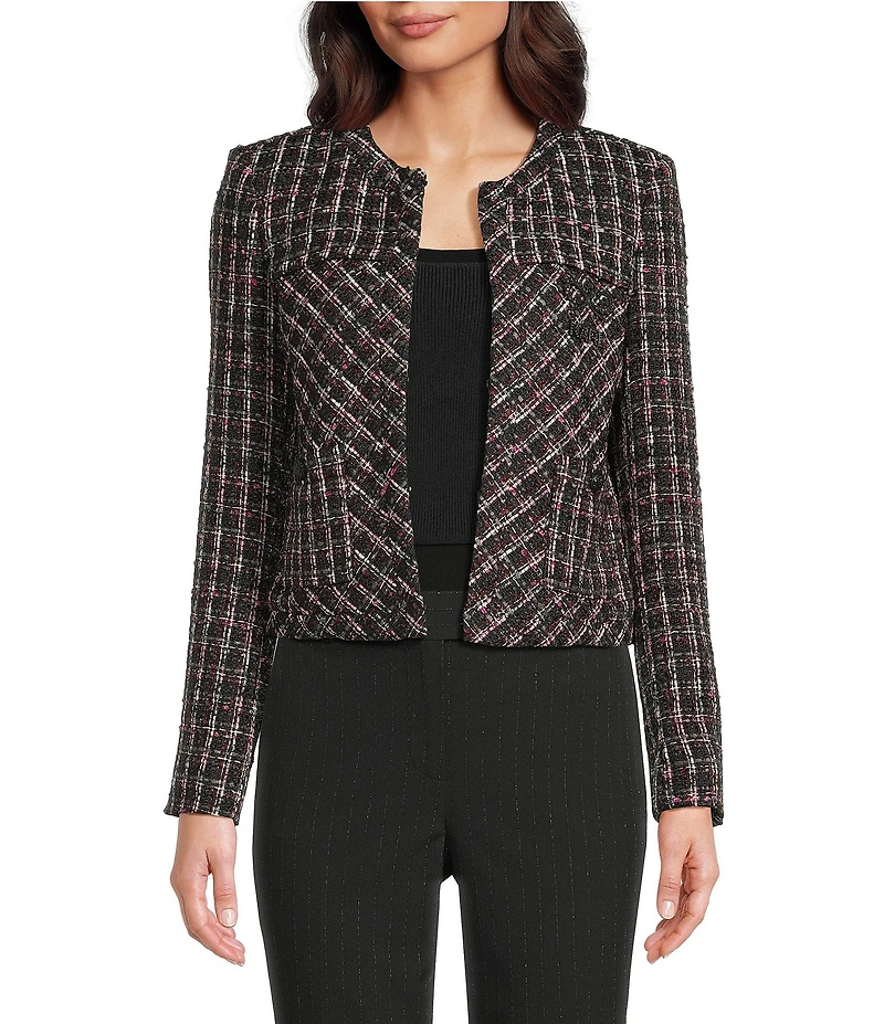 KARL LAGERFELD PARIS Tweed Round Neck Long Sleeve Jacket