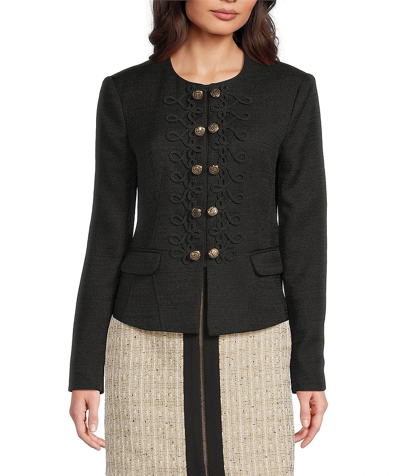 KARL LAGERFELD PARIS Tweed Round Neck Long Sleeve Rope Trim Jacket