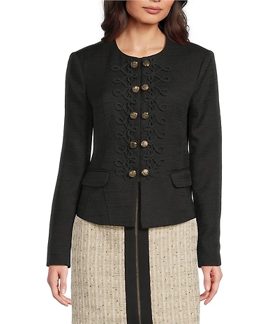 KARL LAGERFELD PARIS Tweed Round Neck Long Sleeve Rope Trim Jacket