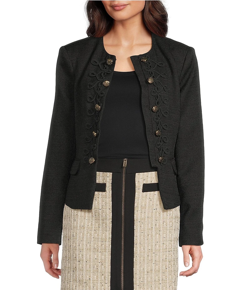 KARL LAGERFELD PARIS Tweed Round Neck Long Sleeve Rope Trim Jacket