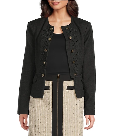 KARL LAGERFELD PARIS Tweed Round Neck Long Sleeve Rope Trim Jacket