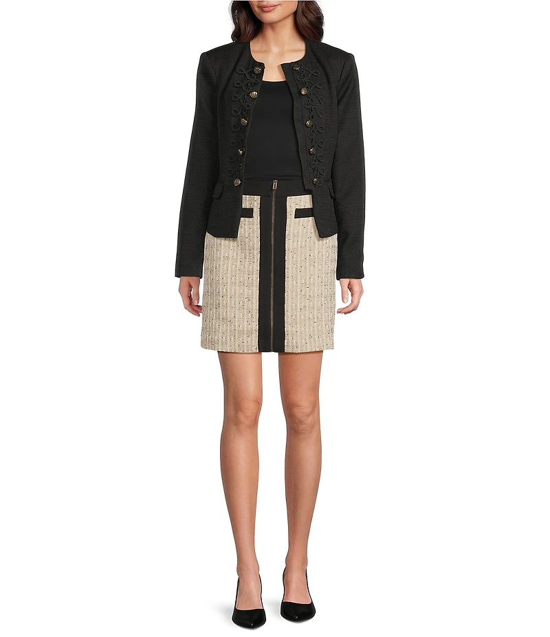 KARL LAGERFELD PARIS Tweed Round Neck Long Sleeve Rope Trim Jacket