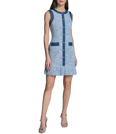KARL LAGERFELD PARIS Tweed Round Neck Sleeveless A-Line Dress