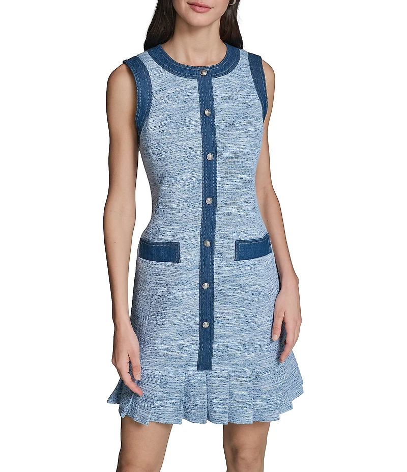 KARL LAGERFELD PARIS Tweed Round Neck Sleeveless A-Line Dress