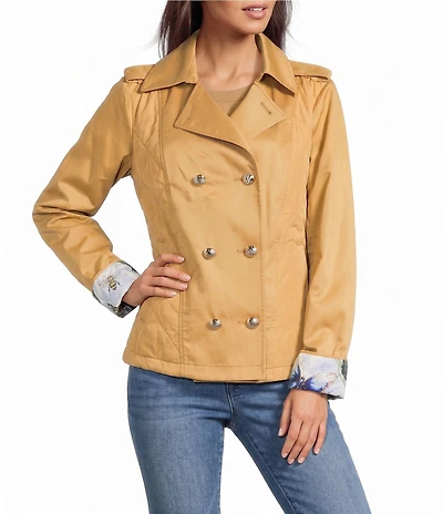 KARL LAGERFELD PARIS Twill Band Collar Long Sleeve Puffer Trim Cropped Length Trench Coat